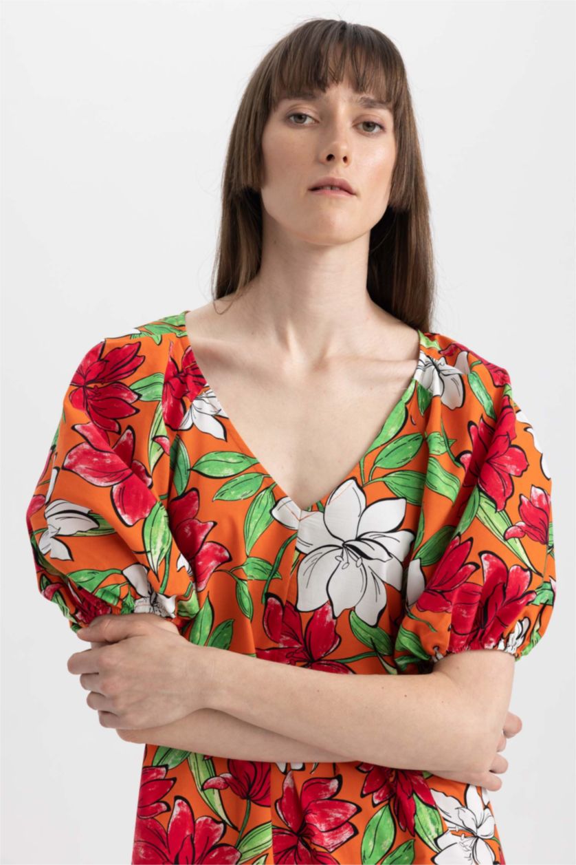 WOMAN Orange V-Neck Floral Poplin Raglan Sleeve Midi Short Sleeve Dress