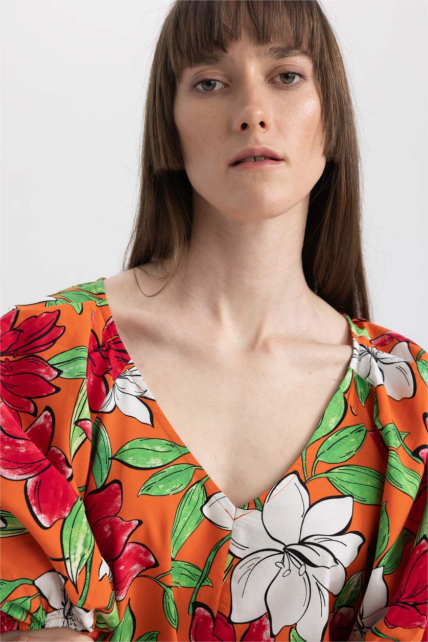 WOMAN Orange V-Neck Floral Poplin Raglan Sleeve Midi Short Sleeve Dress