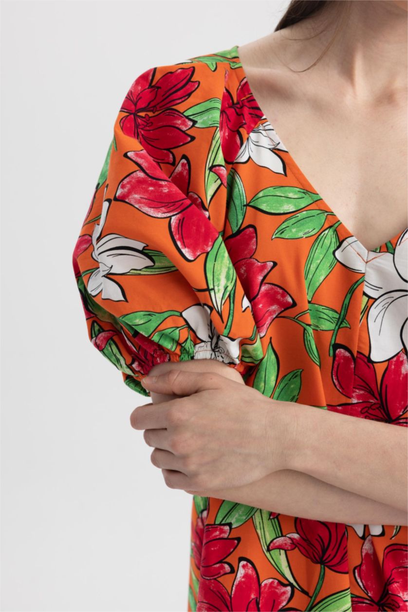 WOMAN Orange V-Neck Floral Poplin Raglan Sleeve Midi Short Sleeve Dress