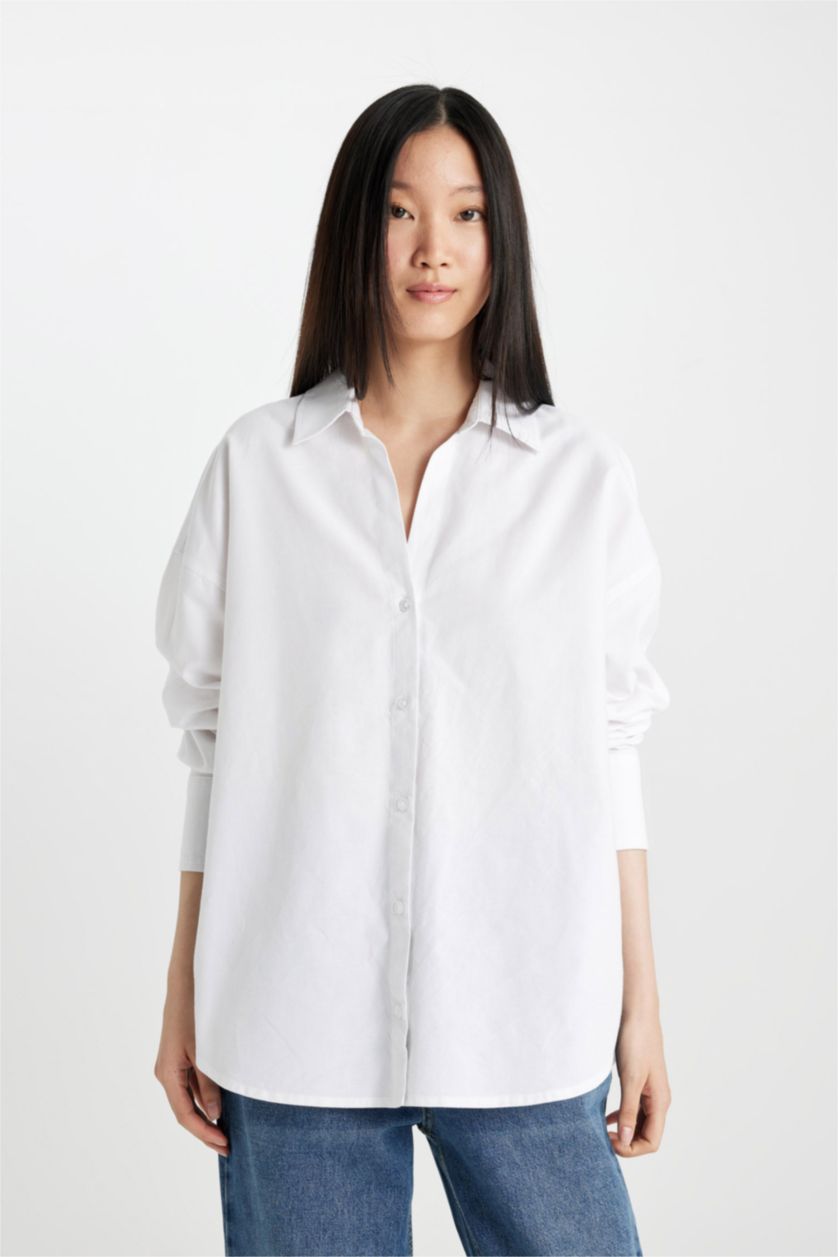 FEMME Blanc Chemise en Oxford Oversize à Col Boutonné et Manches Longues