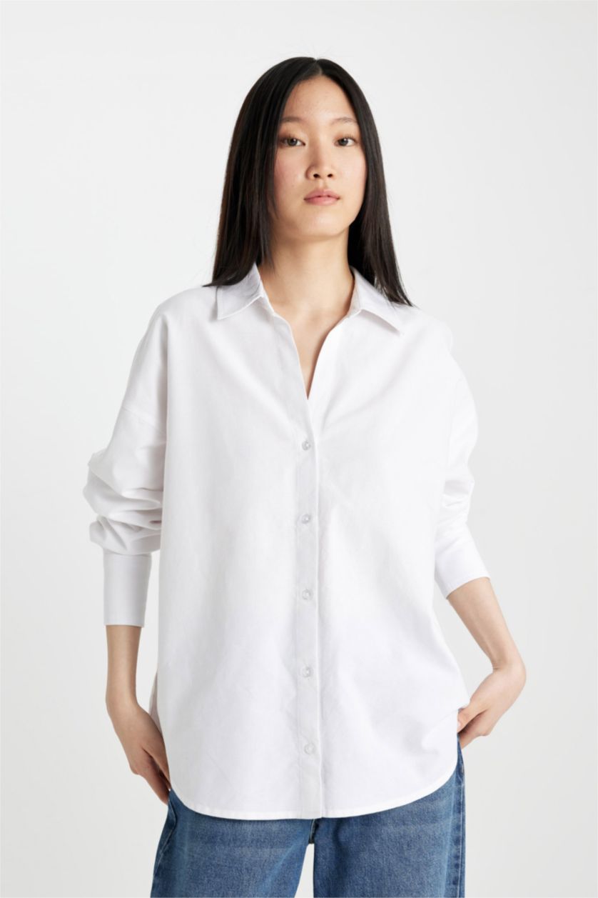 FEMME Blanc Chemise en Oxford Oversize à Col Boutonné et Manches Longues