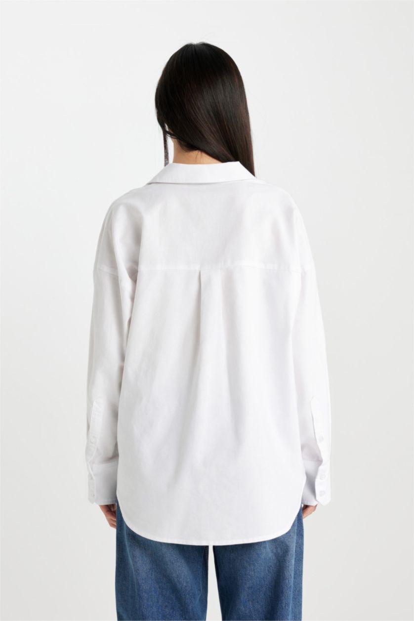 FEMME Blanc Chemise en Oxford Oversize à Col Boutonné et Manches Longues