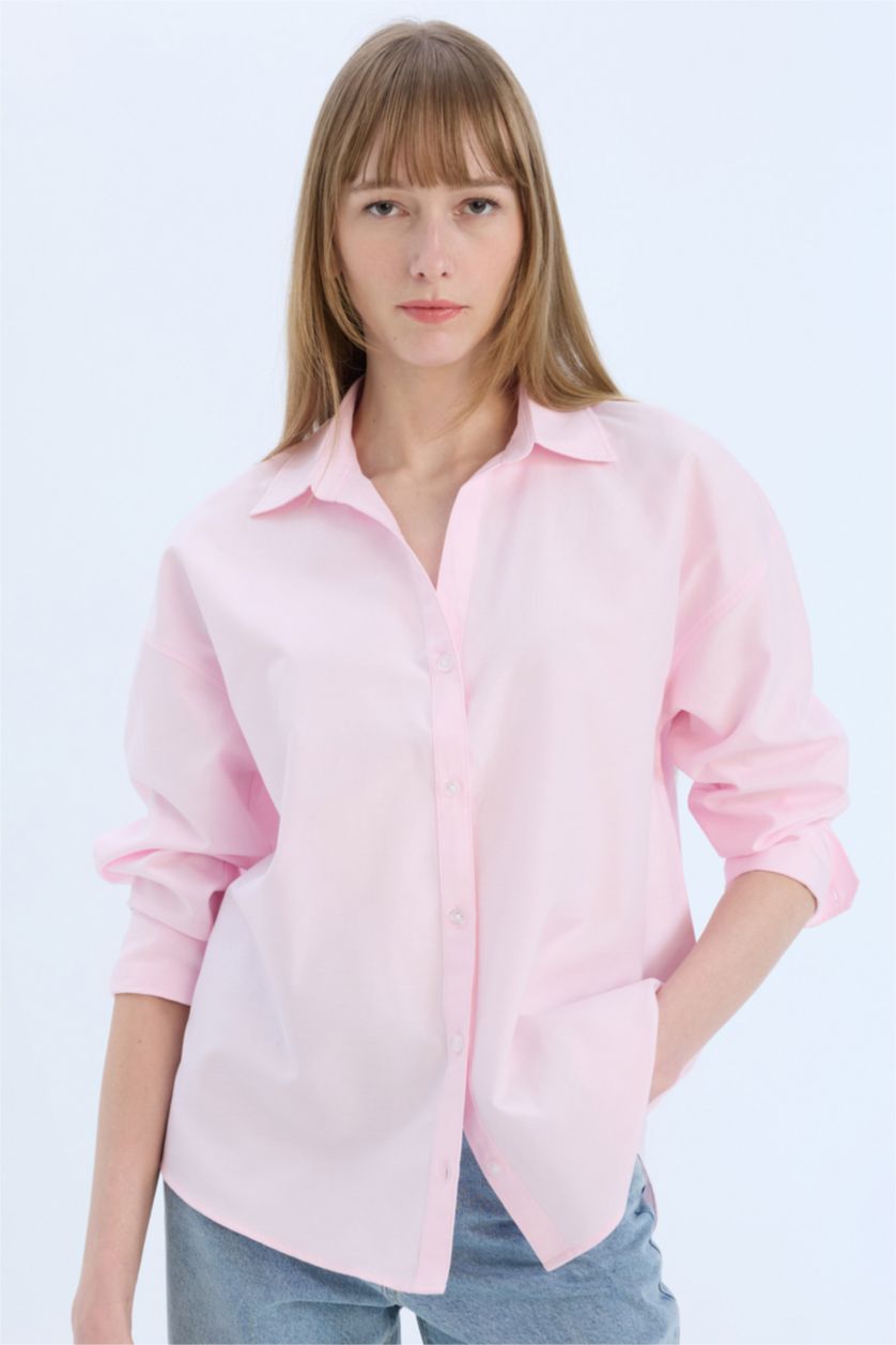 Woman Light Pink Oversize Fit Shirt Collar Oxford Long Sleeve Shirt