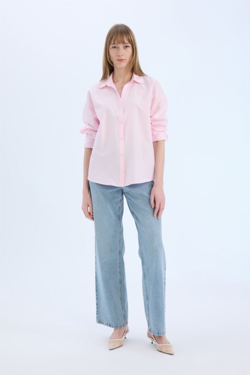 Woman Light Pink Oversize Fit Shirt Collar Oxford Long Sleeve Shirt