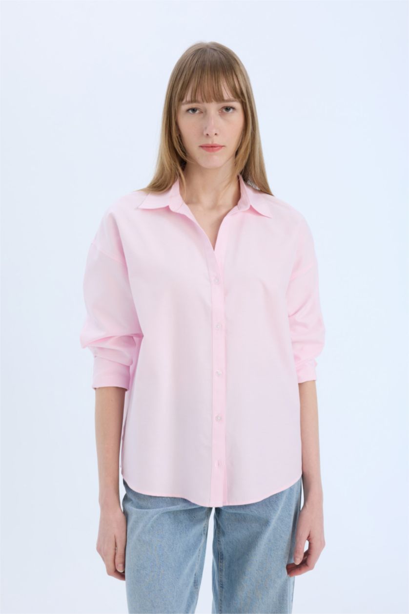 Woman Light Pink Oversize Fit Shirt Collar Oxford Long Sleeve Shirt