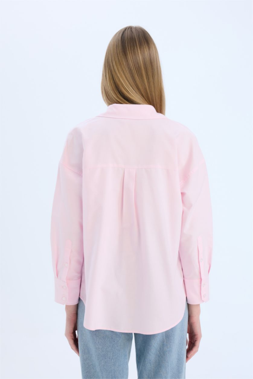 Woman Light Pink Oversize Fit Shirt Collar Oxford Long Sleeve Shirt