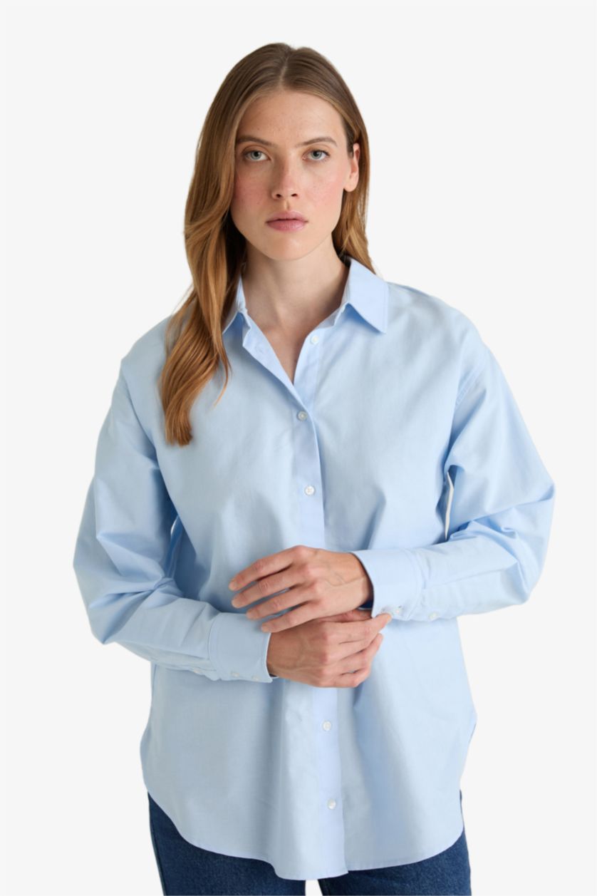 نساء أزرق فاتح قميص ردن طويل أوكسفورد اوفر سايز