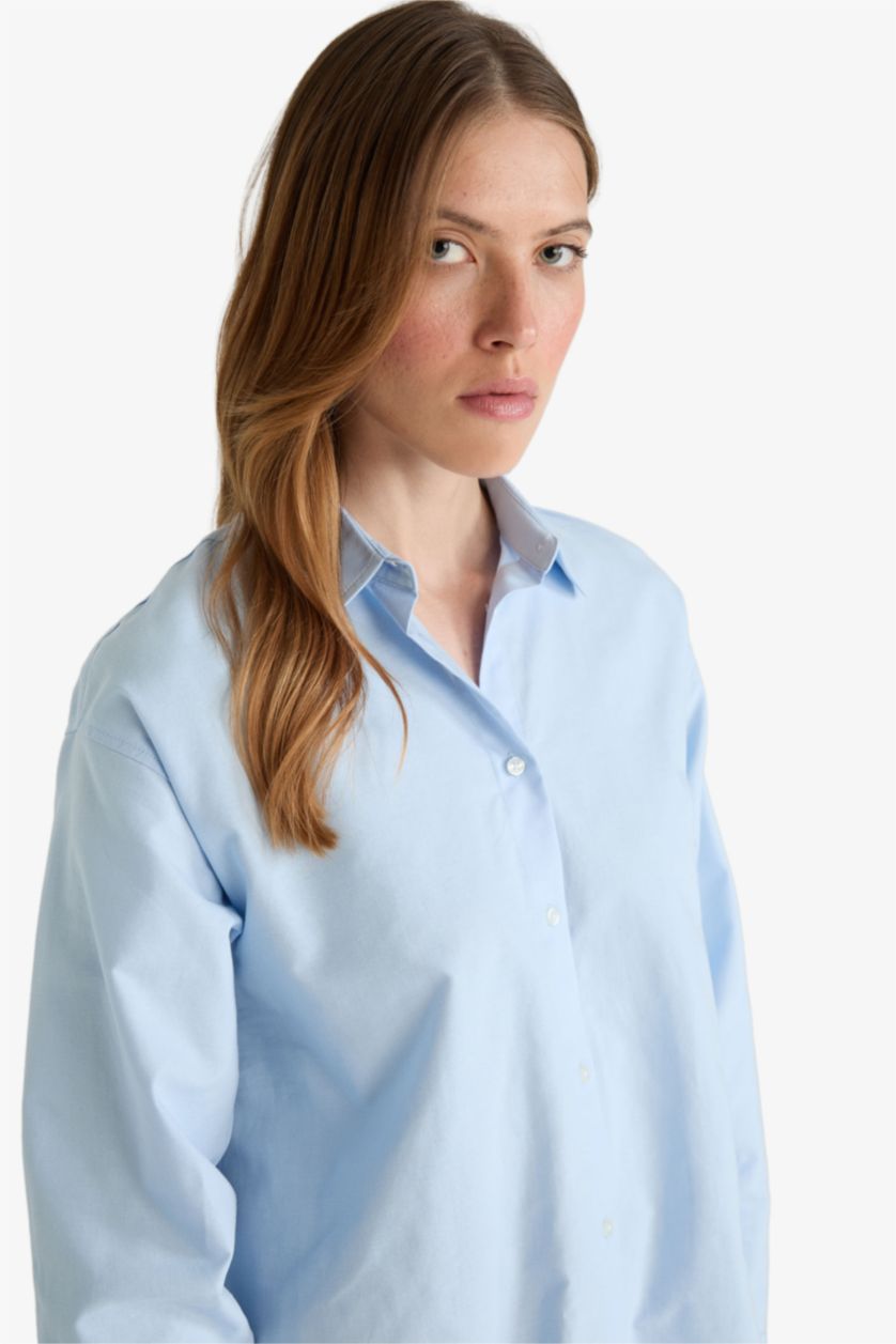 نساء أزرق فاتح قميص ردن طويل أوكسفورد اوفر سايز