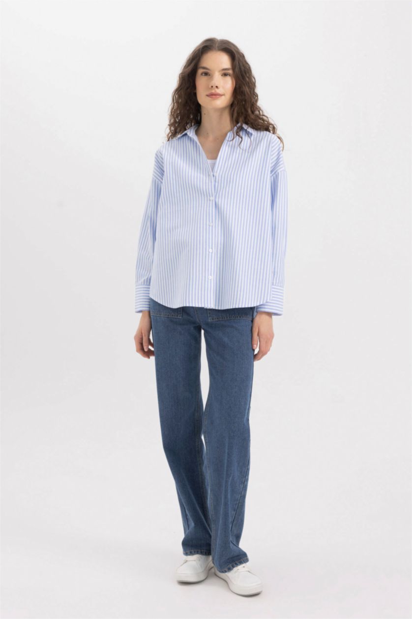 FEMME Bleu Chemise Oversize Oxford à Col Boutonné Manches Longues