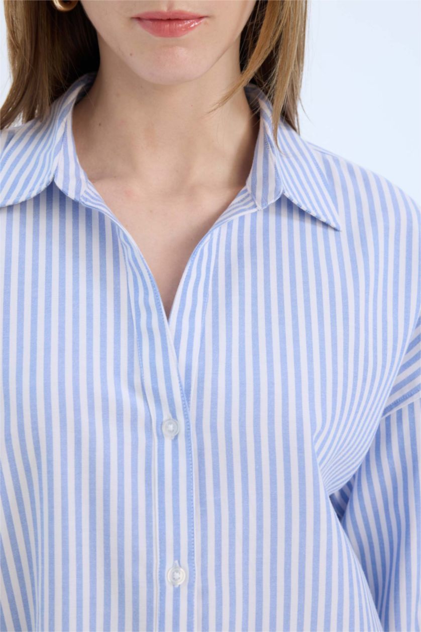 نساء أزرق قميص ردن طويل أوكسفورد اوفر سايز