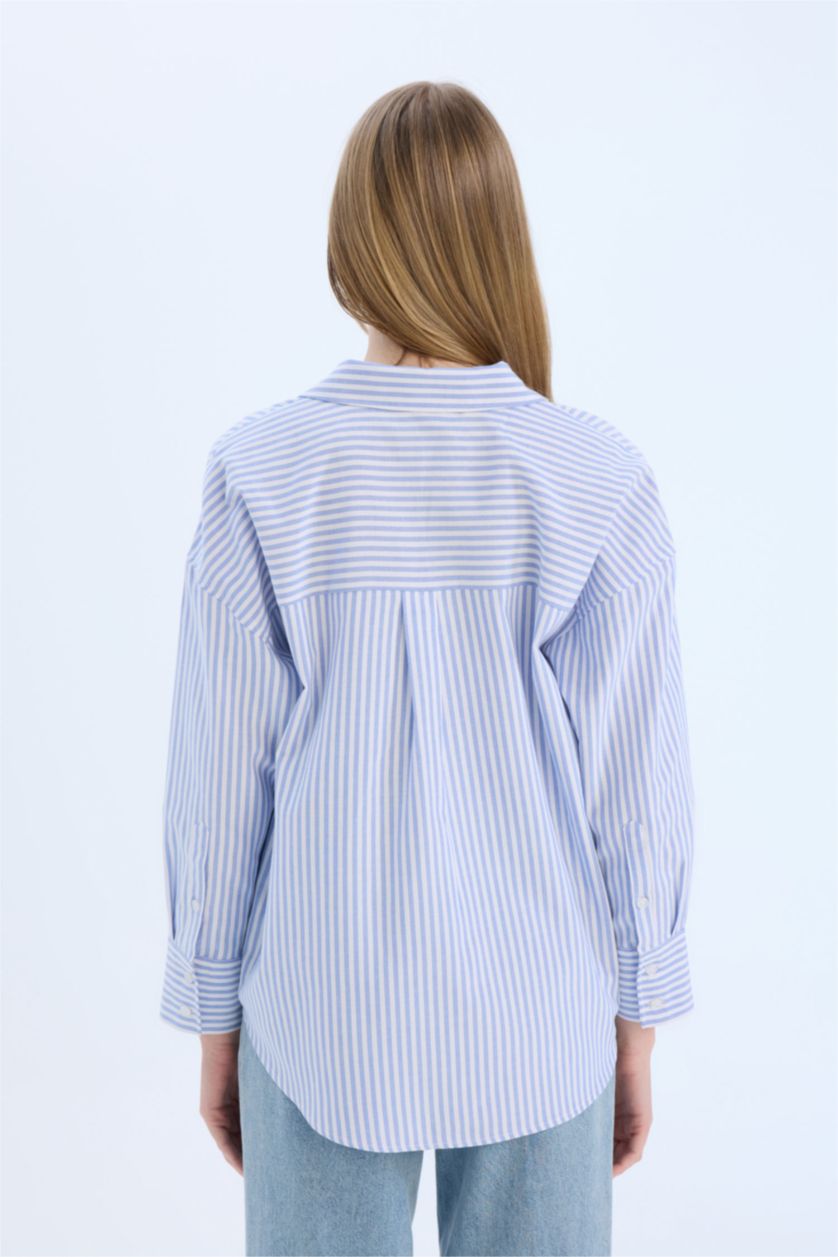 نساء أزرق قميص ردن طويل أوكسفورد اوفر سايز