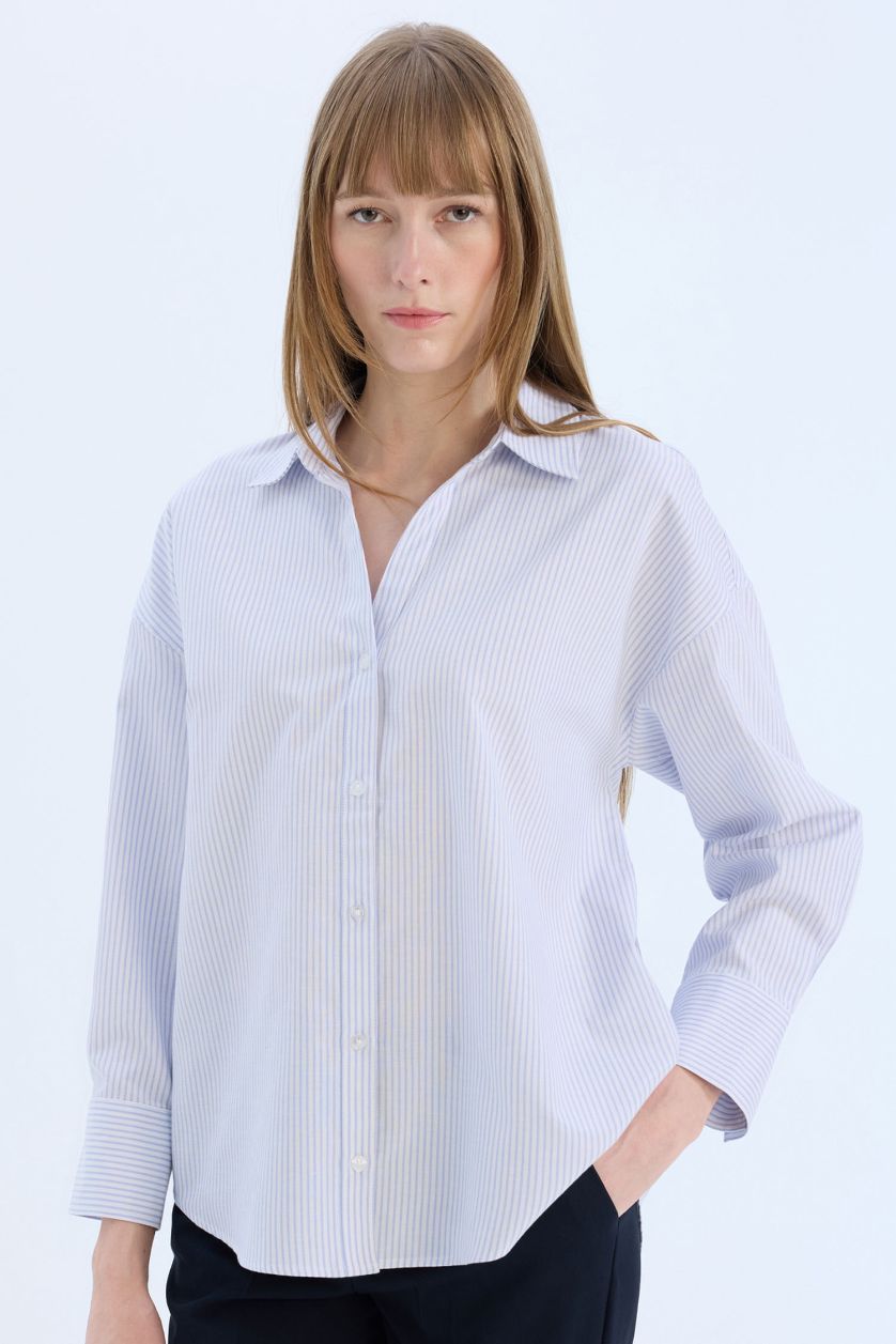 WOMAN Light Blue Oversize Fit Shirt Collar Oxford Long Sleeve Shirt
