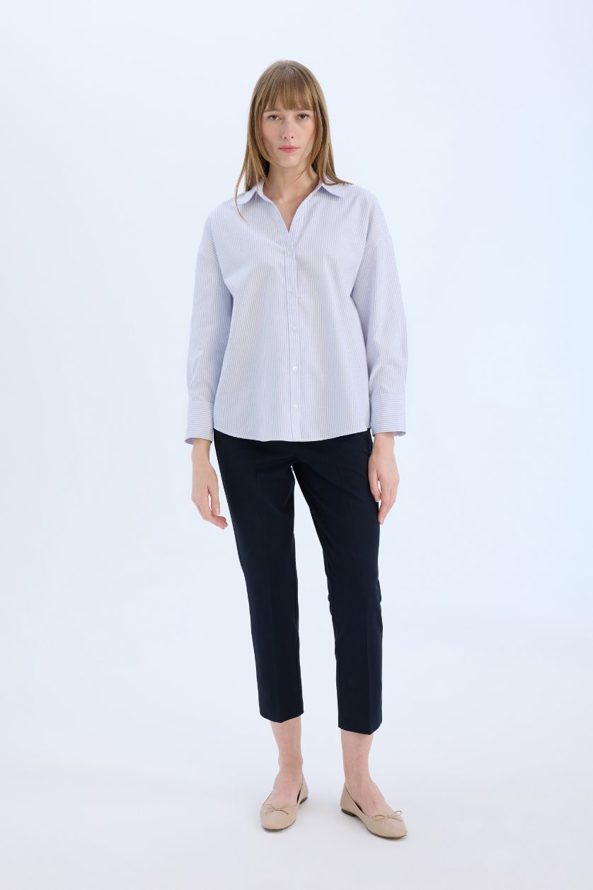 WOMAN Light Blue Oversize Fit Shirt Collar Oxford Long Sleeve Shirt