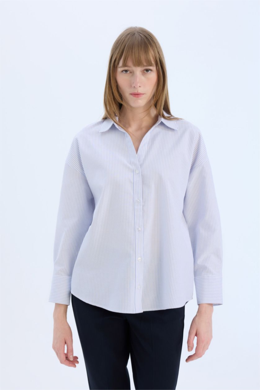 WOMAN Light Blue Oversize Fit Shirt Collar Oxford Long Sleeve Shirt