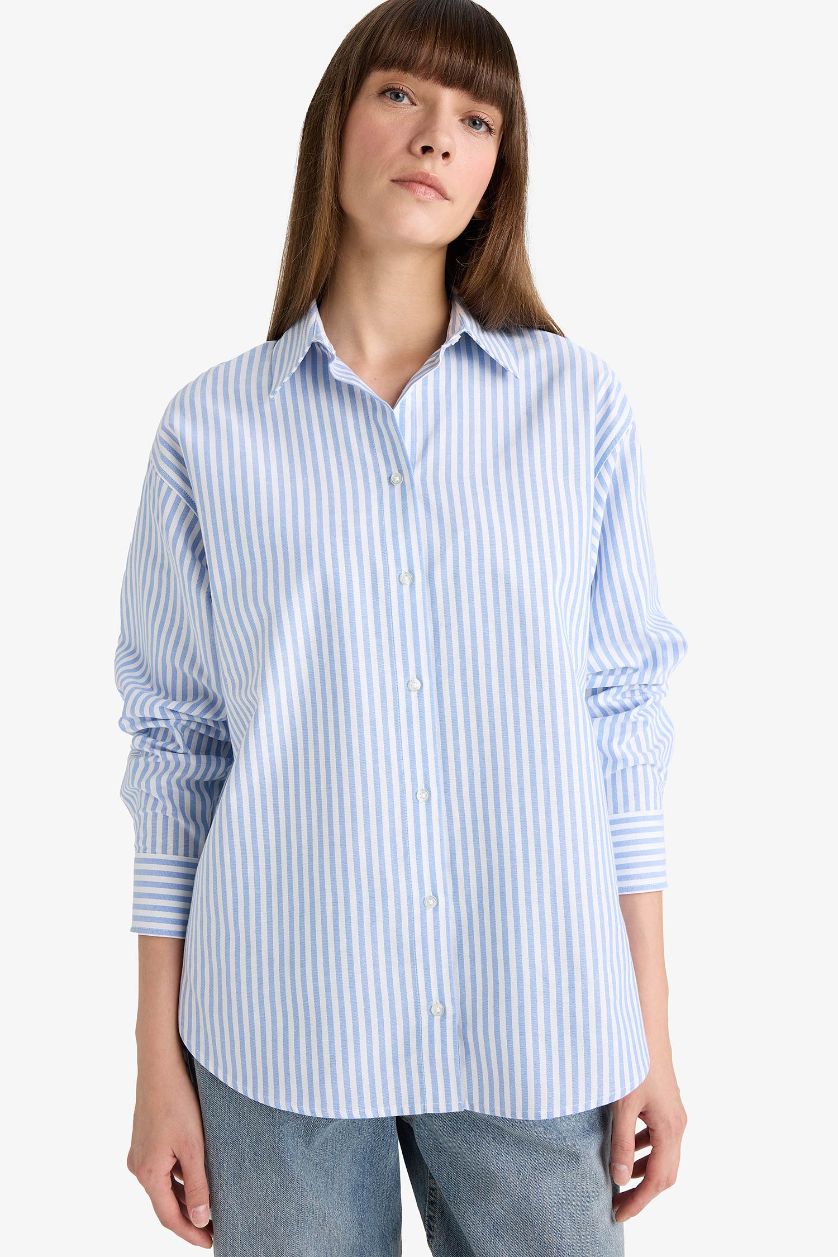 WOMAN Blue Oversize Fit Shirt Collar Oxford Long Sleeve Shirt