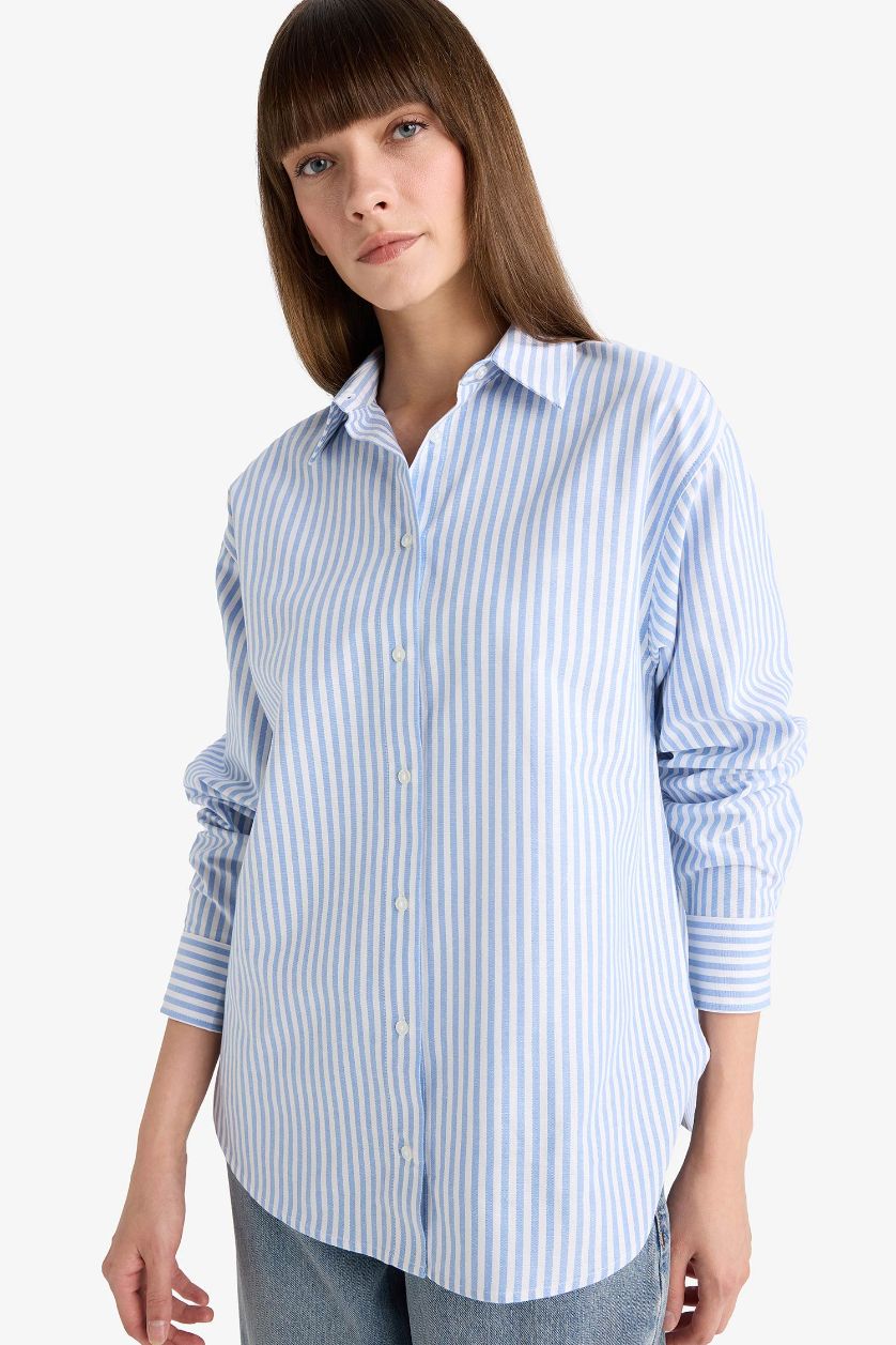 WOMAN Blue Oversize Fit Shirt Collar Oxford Long Sleeve Shirt