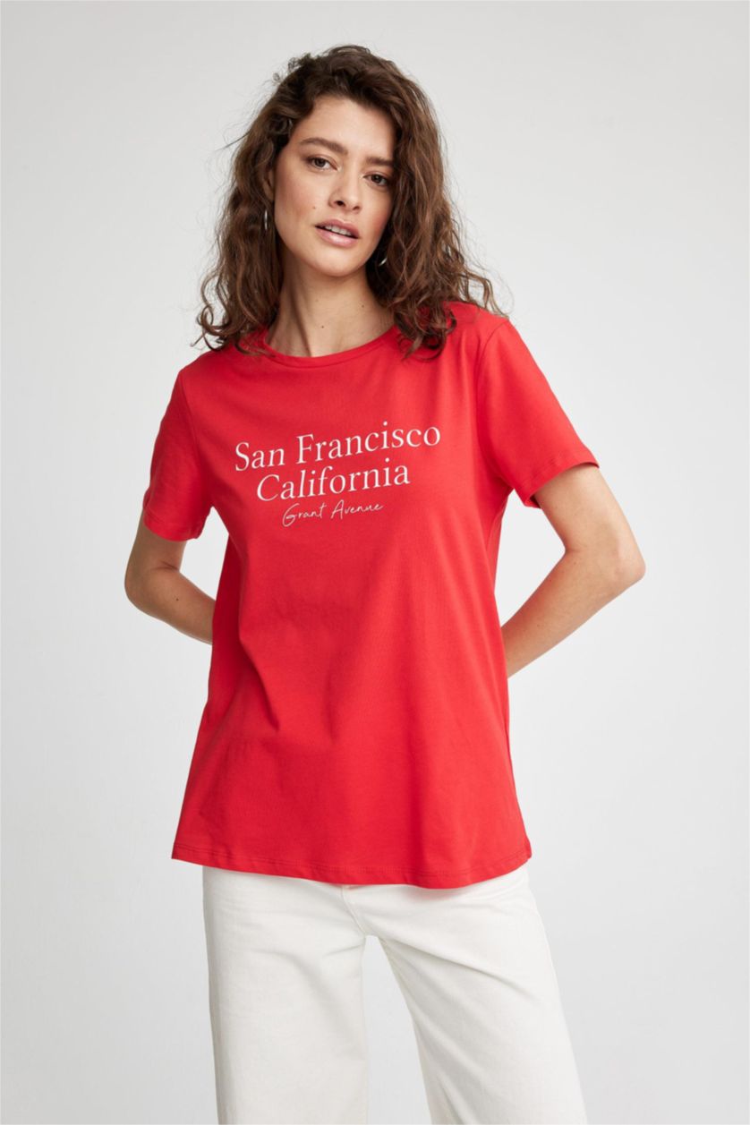 WOMAN Red Regular Fit Crew Neck Short Sleeve T-Shirt