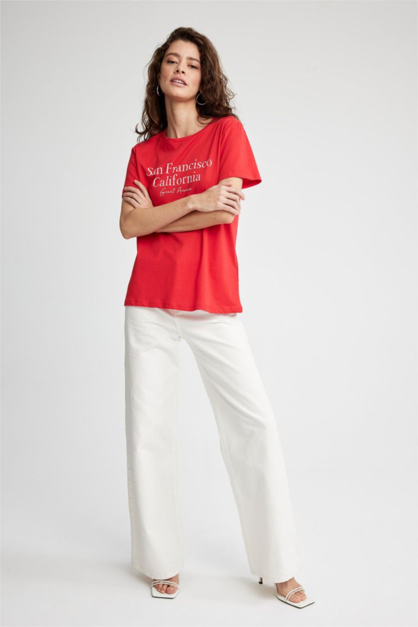 WOMAN Red Regular Fit Crew Neck Short Sleeve T-Shirt