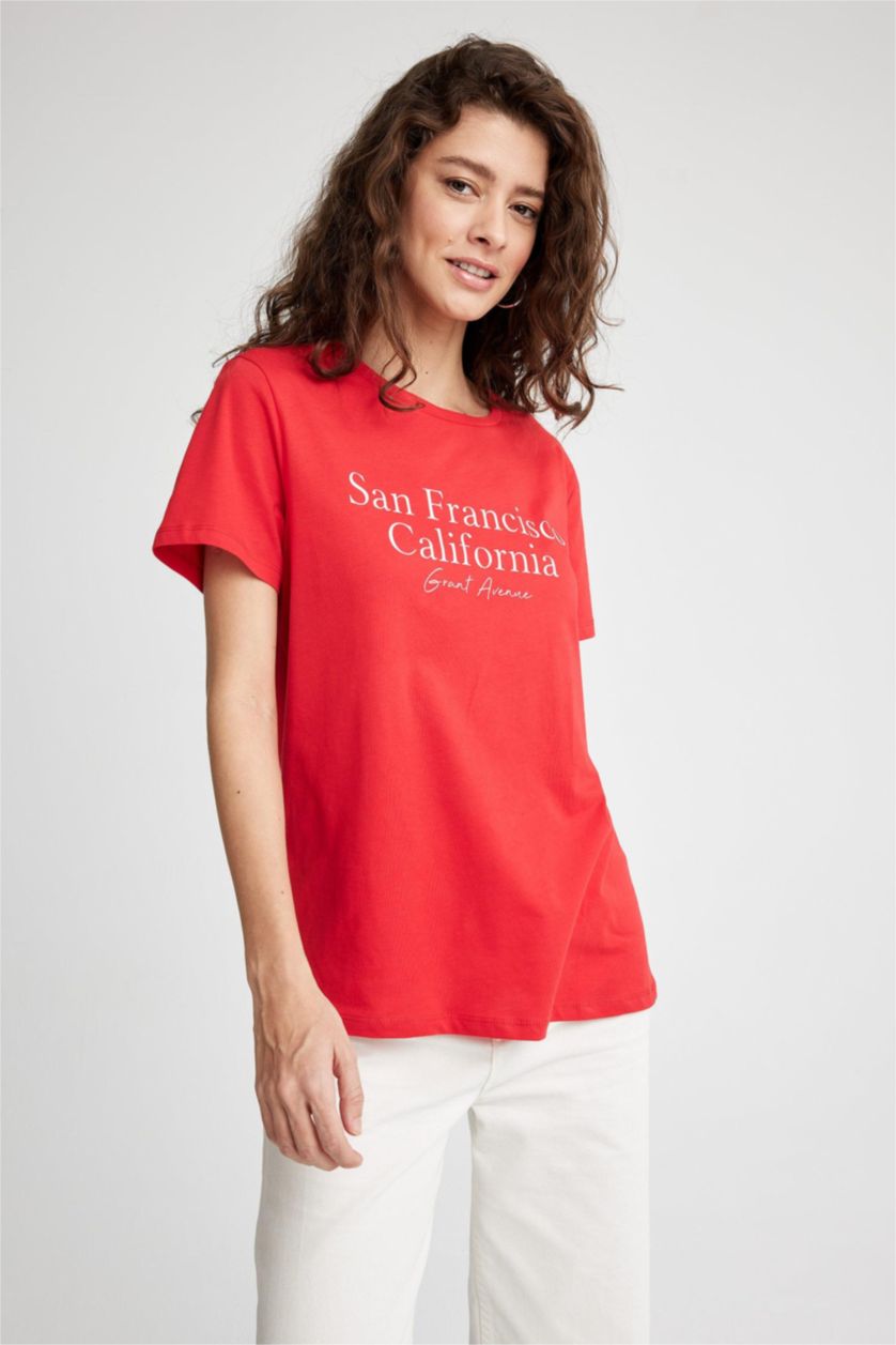 WOMAN Red Regular Fit Crew Neck Short Sleeve T-Shirt