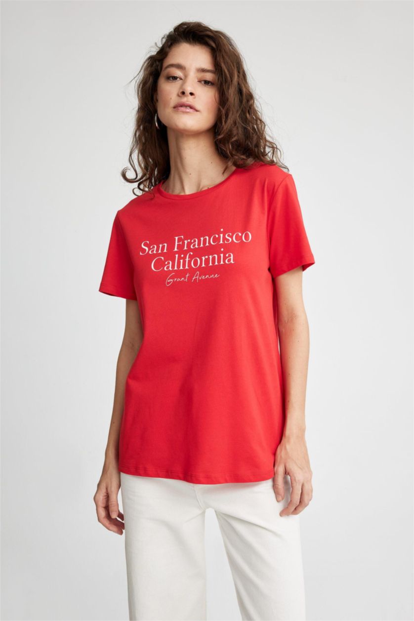 WOMAN Red Regular Fit Crew Neck Short Sleeve T-Shirt