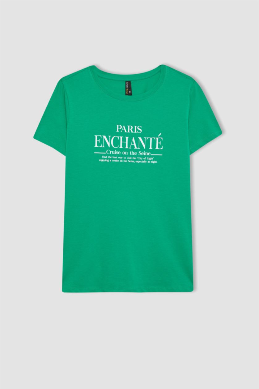 نساء أخضر تي شيرت بياقة مستديرة وقصة عادية