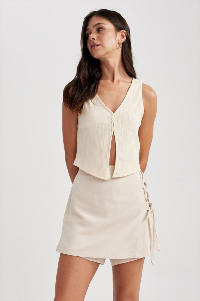 WOMAN Beige Regular Fit Linen Blended High Waist Shorts