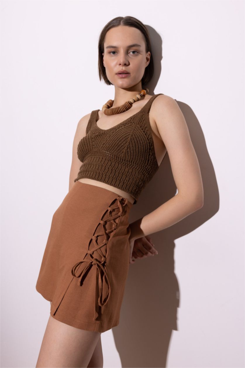 FEMME Marron Foncé Jupe Short en Lin mélangé coupe régulière à Taille Haute