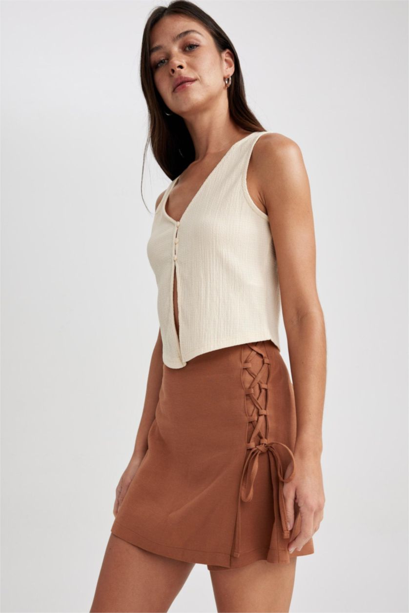 FEMME Marron Foncé Jupe Short en Lin mélangé coupe régulière à Taille Haute