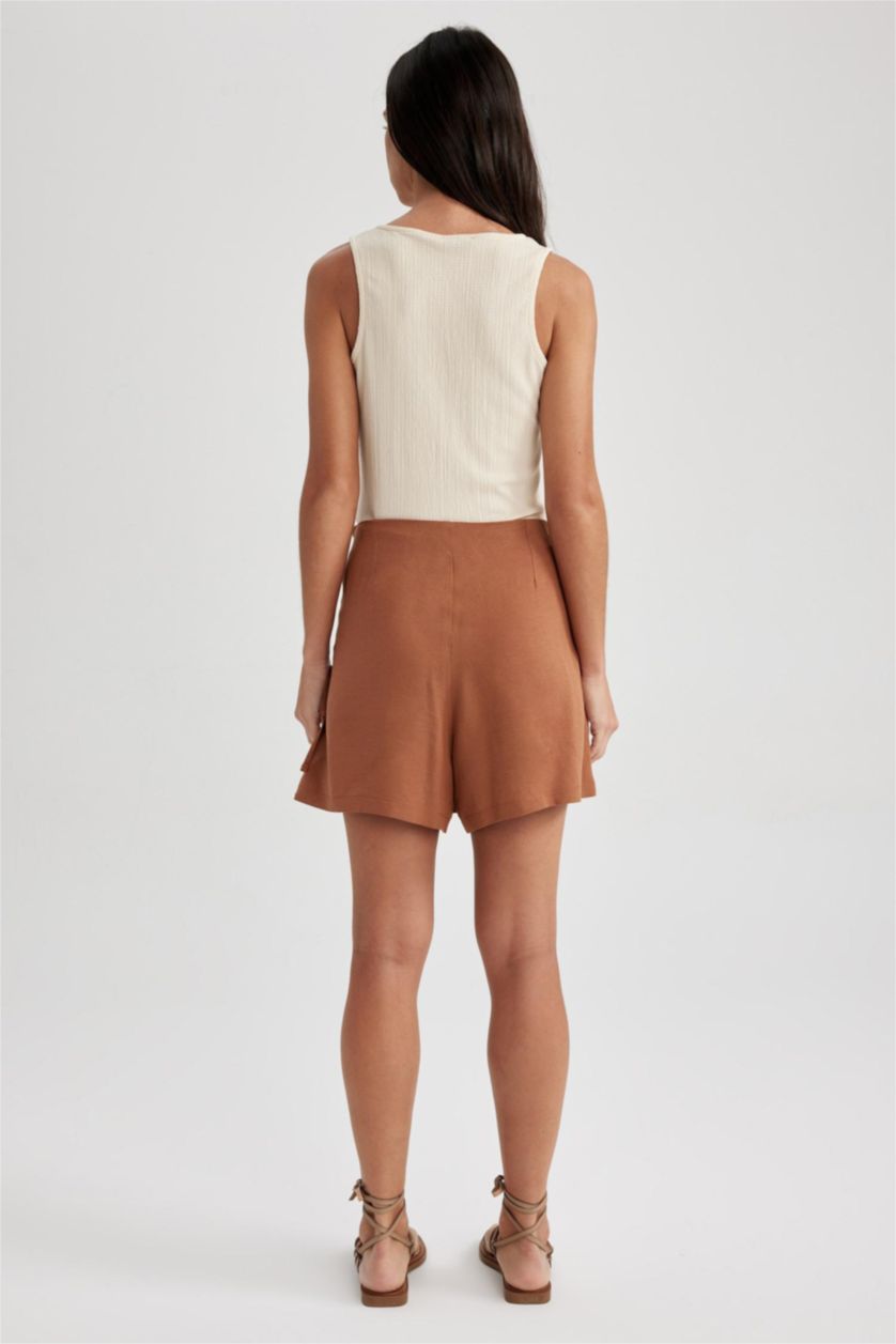 FEMME Marron Foncé Jupe Short en Lin mélangé coupe régulière à Taille Haute