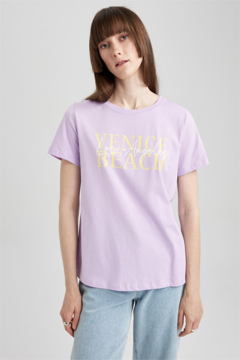 FEMME Violet T-Shirt Coton coupe régulière à Manches Courtes