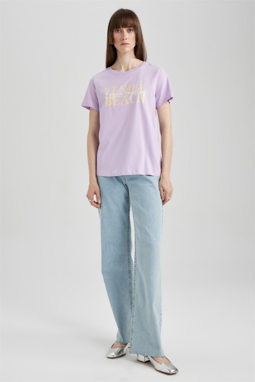 FEMME Violet T-Shirt Coton coupe régulière à Manches Courtes