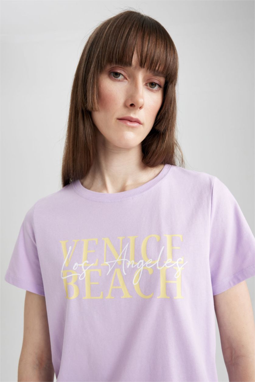 FEMME Violet T-Shirt Coton coupe régulière à Manches Courtes