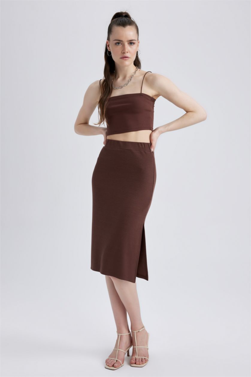 FEMME Marron Jupe Mi-Longue Caraco Basique Fendue Avec Cordon Coupe Slim