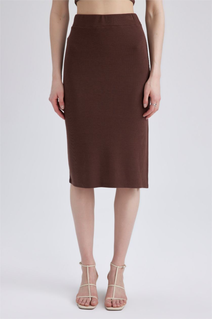 FEMME Marron Jupe Mi-Longue Caraco Basique Fendue Avec Cordon Coupe Slim