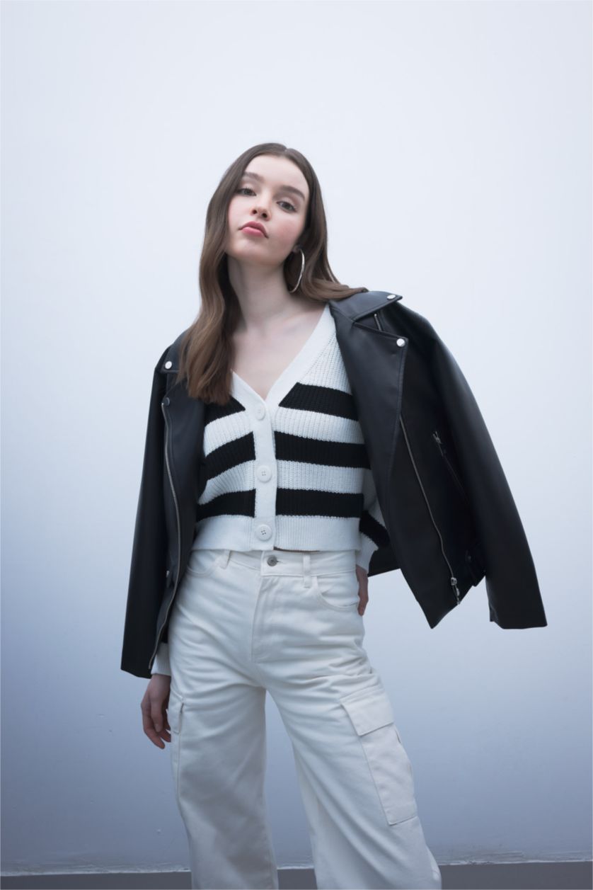 Kadın Ekru Regular Fıt V Yaka Hırka