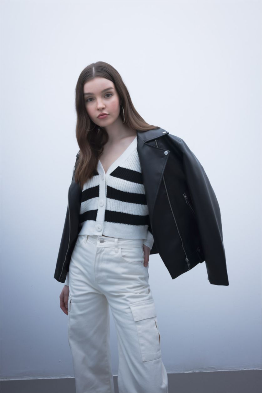 Kadın Ekru Regular Fıt V Yaka Hırka