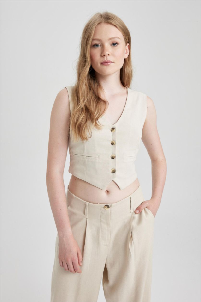 WOMAN Beige Women Linen Blend Vest