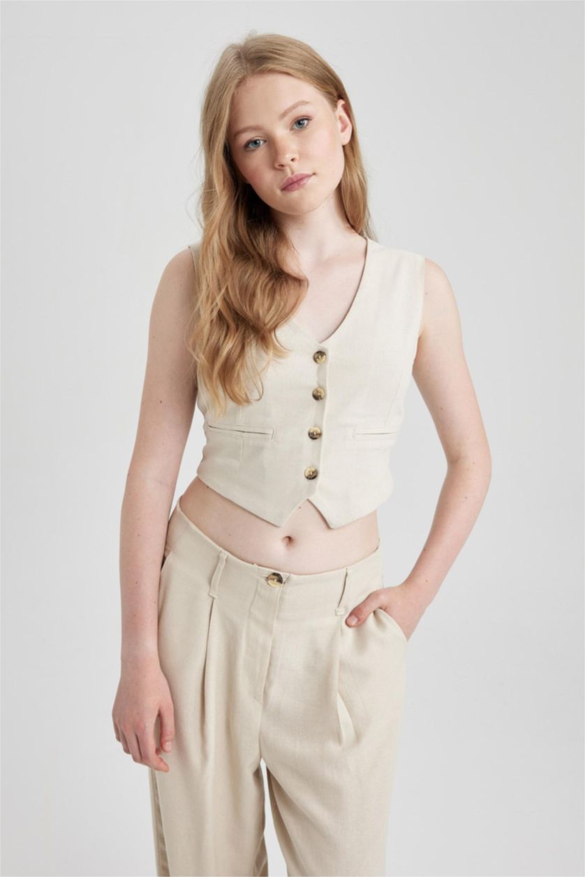 WOMAN Beige Women Linen Blend Vest