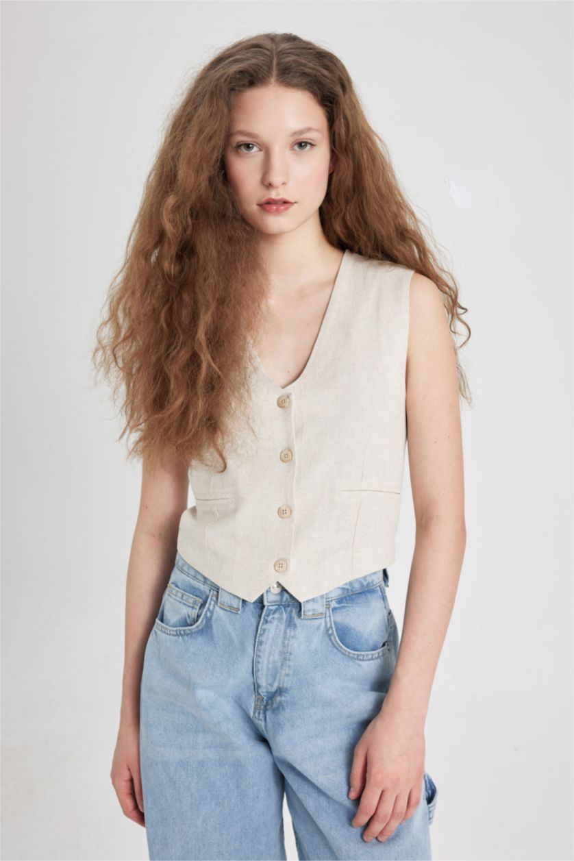 Kadın Bej Regular Fit Keten Karışımlı Blazer Yelek