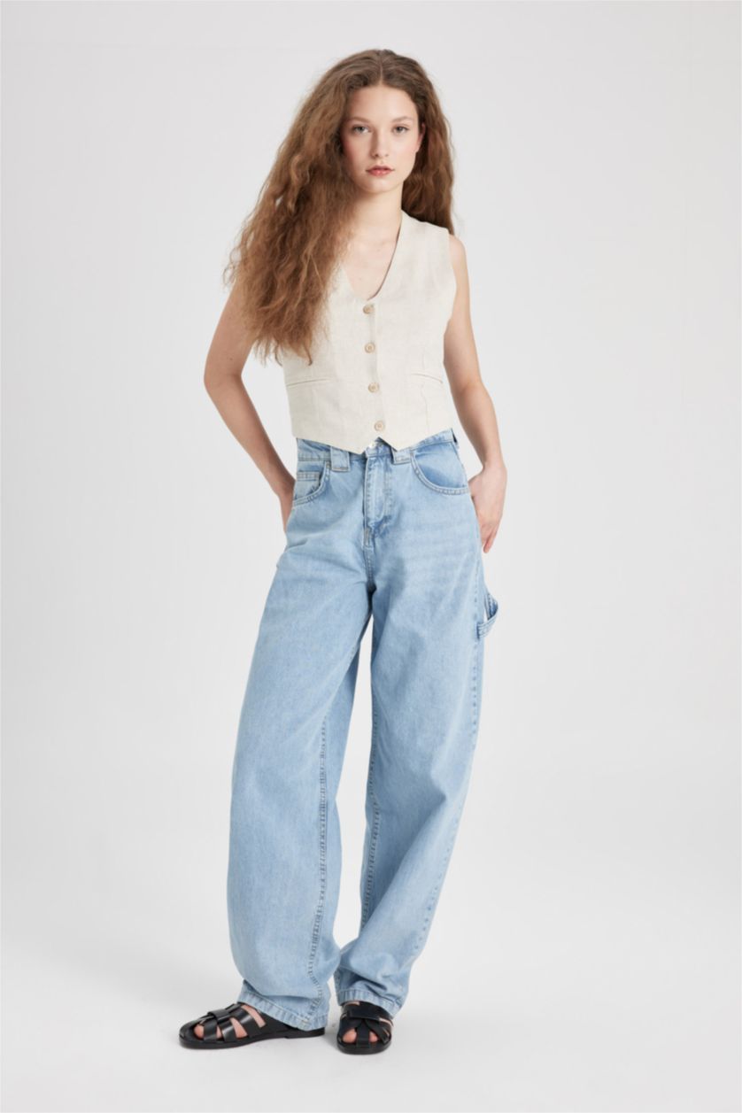 Kadın Bej Regular Fit Keten Karışımlı Blazer Yelek