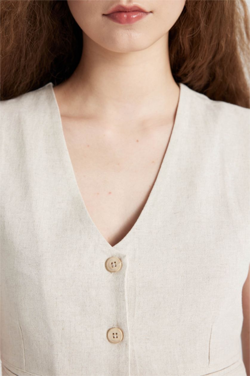 Kadın Bej Regular Fit Keten Karışımlı Blazer Yelek