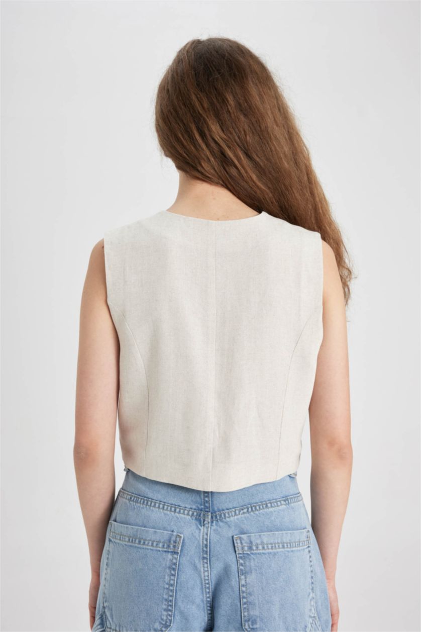 Kadın Bej Regular Fit Keten Karışımlı Blazer Yelek