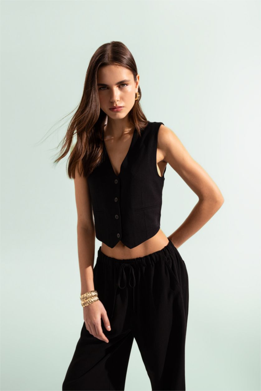 Kadın Siyah Regular Fit Keten Karışımlı Blazer Yelek