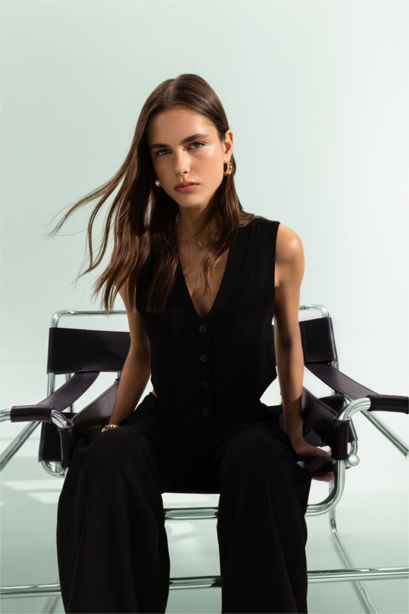 Kadın Siyah Regular Fit Keten Karışımlı Blazer Yelek