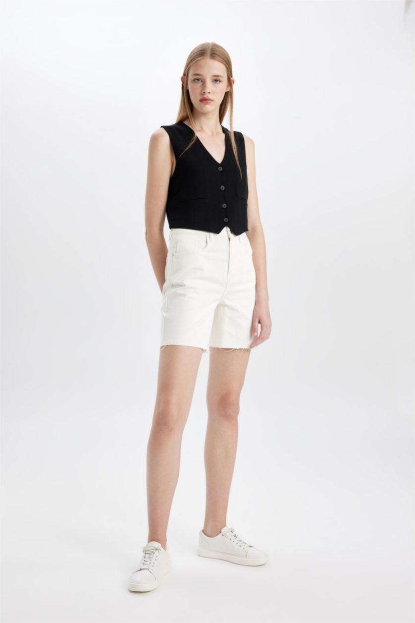 Kadın Siyah Regular Fit Keten Karışımlı Blazer Yelek