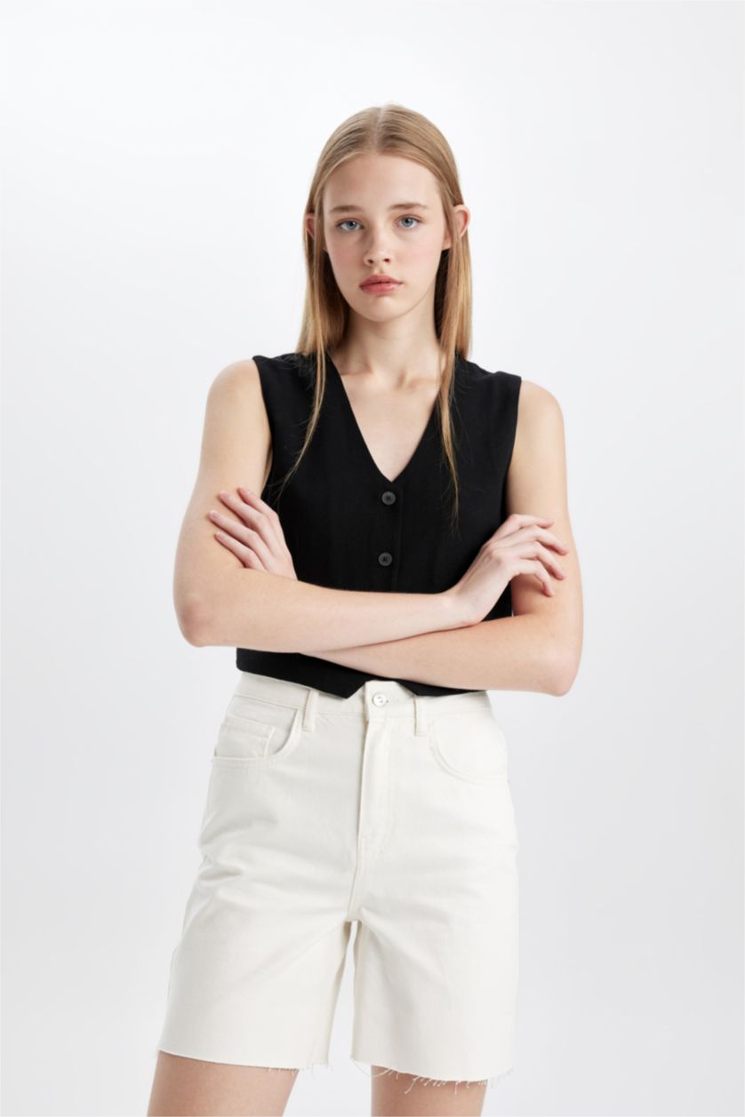 Kadın Siyah Regular Fit Keten Karışımlı Blazer Yelek