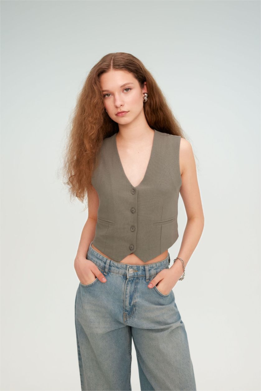 WOMAN Khaki Regular Fit Linen Blend Blazer Vest