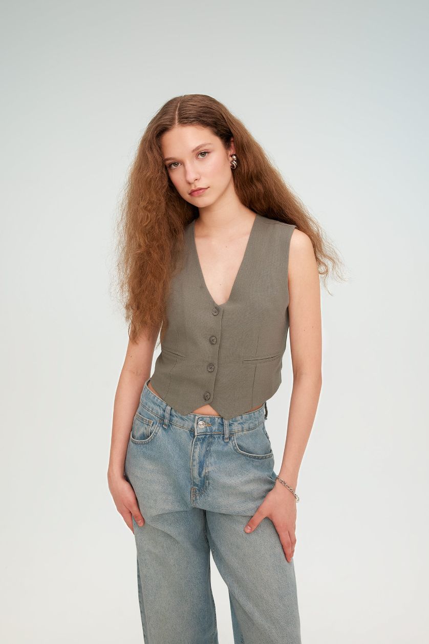 WOMAN Khaki Regular Fit Linen Blend Blazer Vest