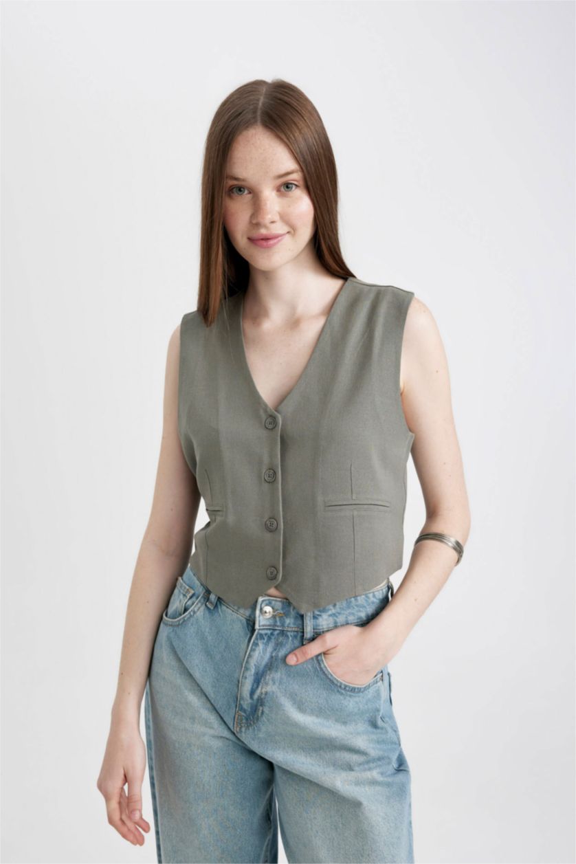 WOMAN Khaki Regular Fit Linen Blend Blazer Vest