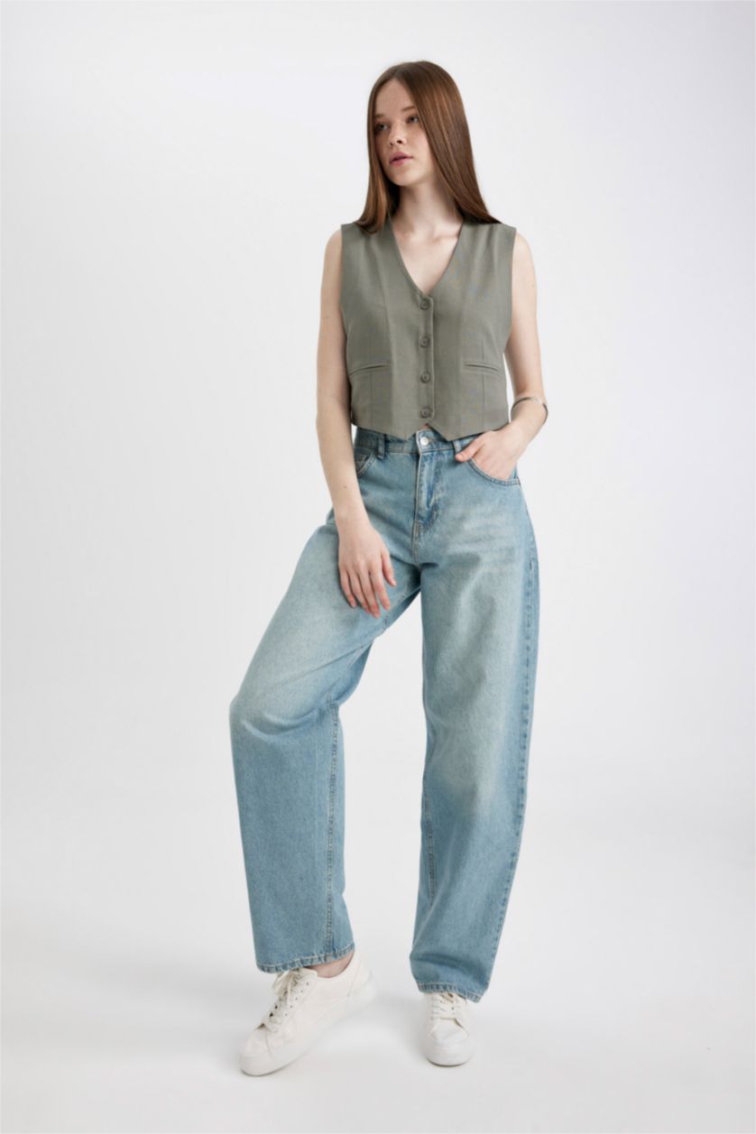 WOMAN Khaki Regular Fit Linen Blend Blazer Vest